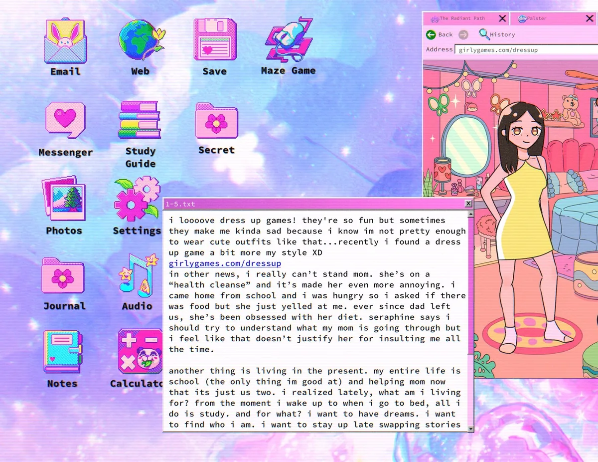 The lily's world XD desktop app column beside an open journal text file and a dress-up game browser window.