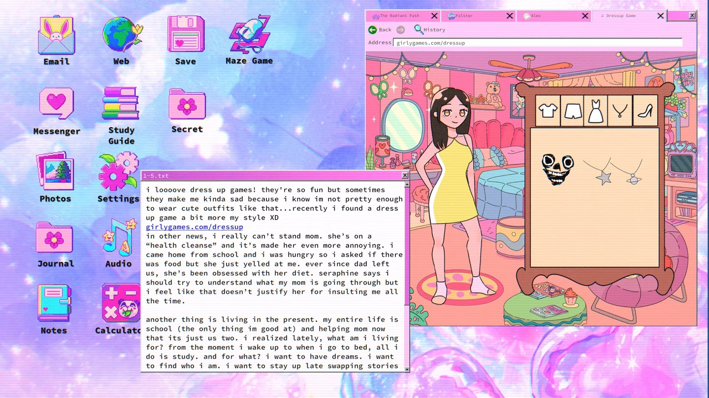Steam screenshot of lily's world XD showing a pink desktop, Lily's diary window, and a dress-up scene.