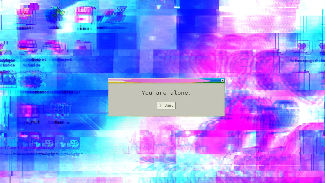 Steam screenshot of lily's world XD showing a distorted blue and pink desktop with a 'You are alone' message.