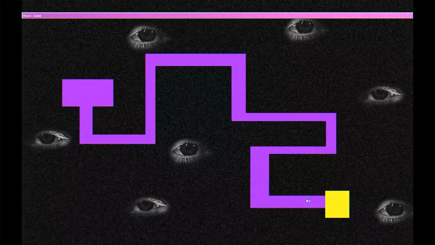 The Maze Game board in lily's world XD, showing a purple path and a yellow square among dark eye shapes.