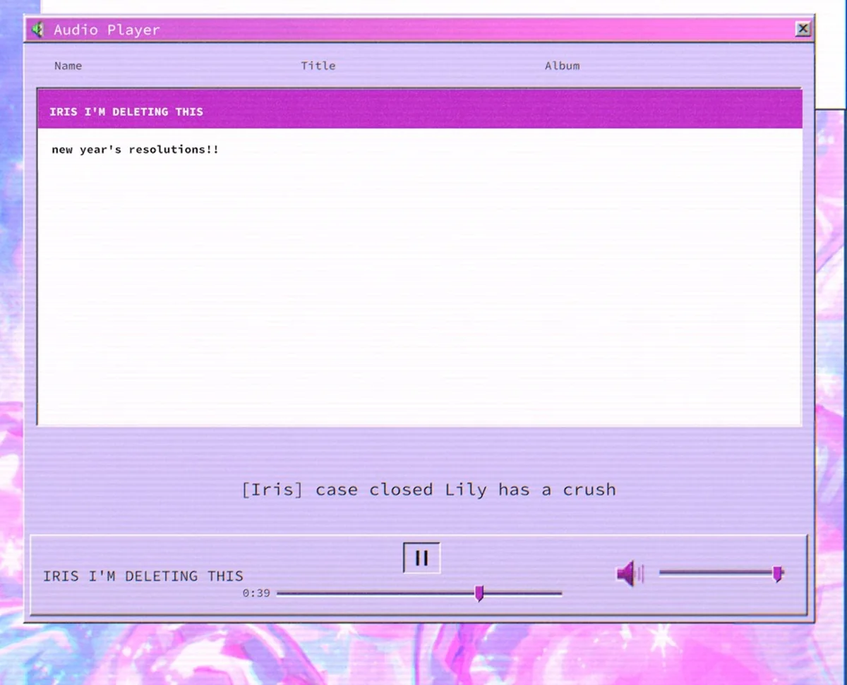 The Audio Player window in lily's world XD playing the IRIS I'M DELETING THIS recording that mentions Lily's crush.