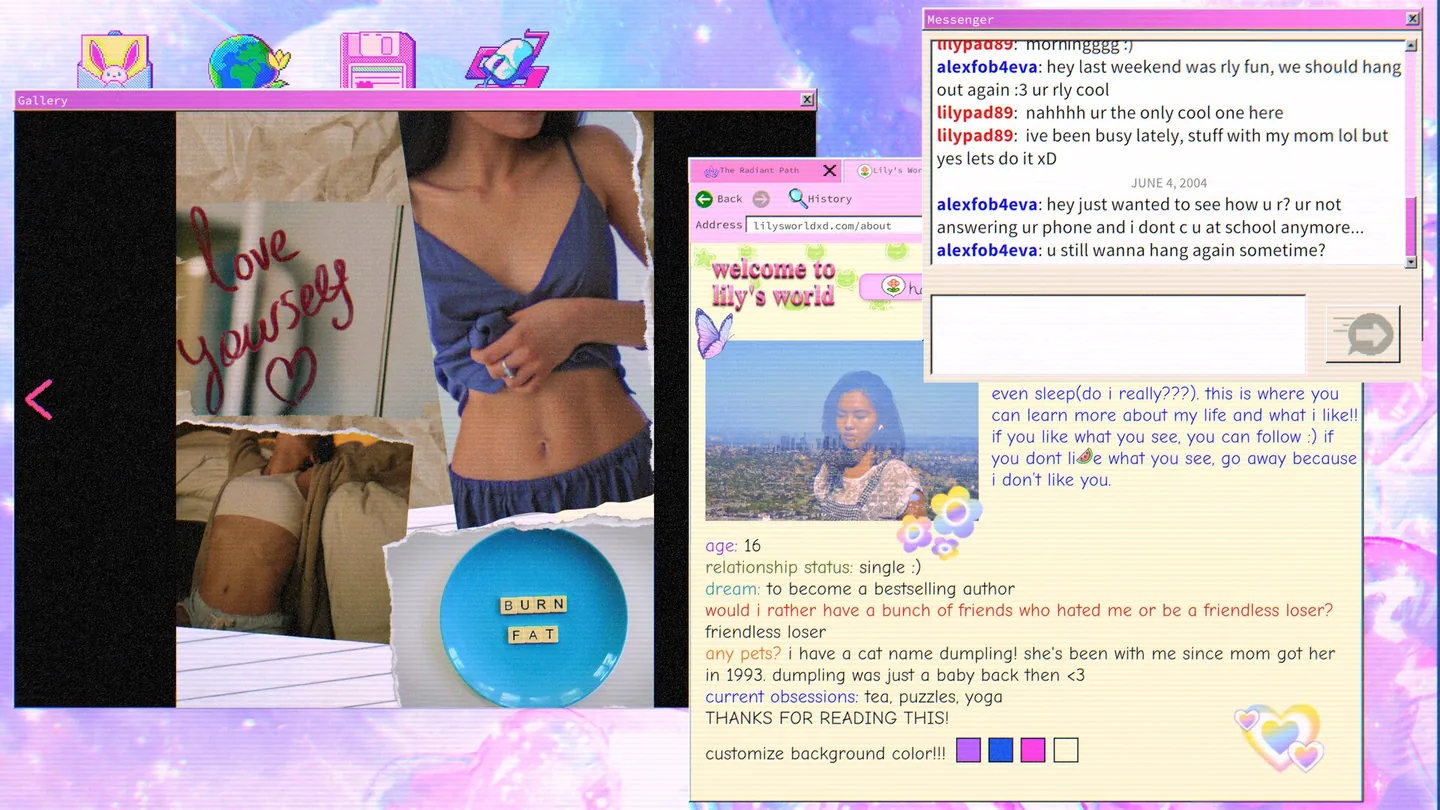 Lily's blog About Me page in lily's world XD with its background colour swatches beside the gallery collage.