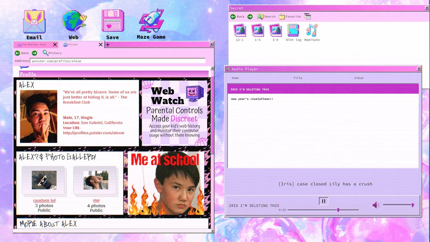 Overlapping browser windows in lily's world XD showing a Palster profile page from the in-game websites.